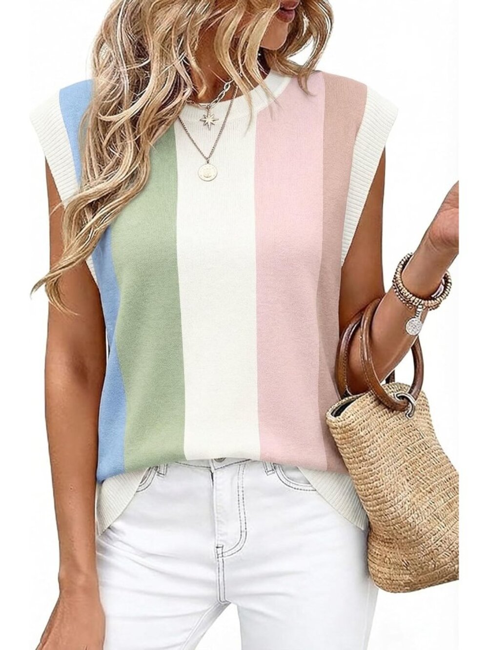 Women's Stripes Crew Neck Cap Sleeve Tank Tops Business Casual Outfit T Shirts